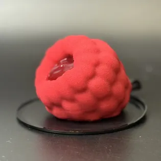 Fruit-shaped pistachio lime raspberry mousse dessert with raspberry filling and chocolate shell