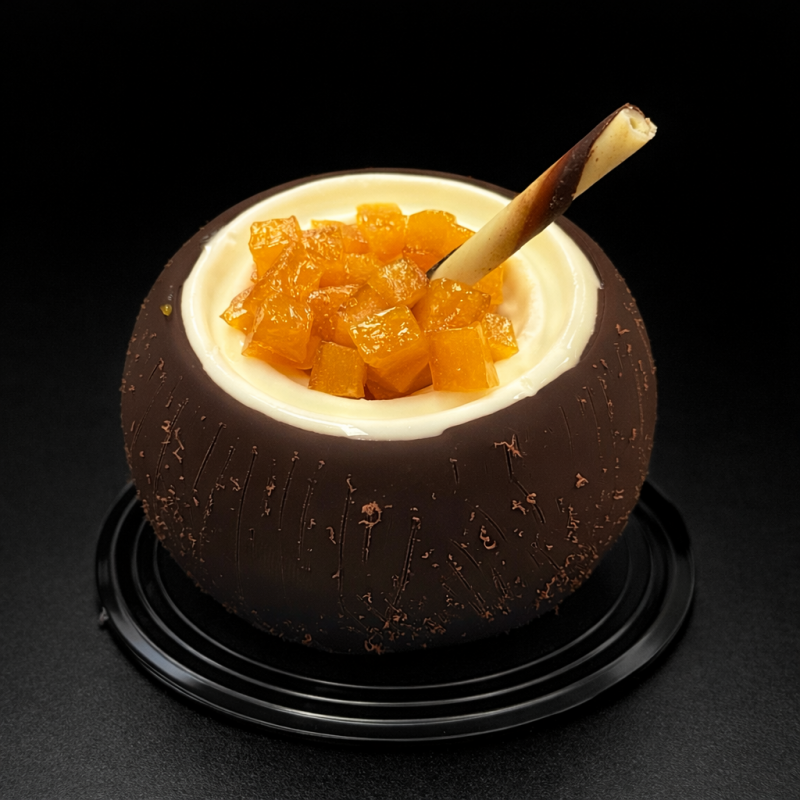 Coconut-shaped mousse dessert with coconut jam, mango chunks, and chocolate shell